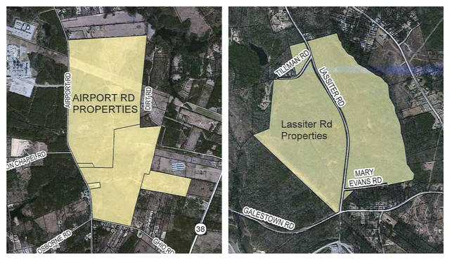 125619750_web1_RezoningPics
Graphics courtesy of the Richmond County Planning Department
Shown at left is RZM 2020-1, a 650-acre property south of Hamlet along Airport Road near U.S. 73/74 and Highway 38, which will become the Energy Way Industrial Park. The second, RZM 2020-2, is on either side of Lassiter Road adjacent to the Vulan Materials property. Both areas were previously zoned Rural Residential.
