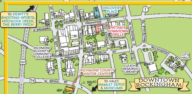 
			
				                                Photo courtesy of Visit Richmond County
                                This is the inset showing downtown Rockingham on the Discovery Map of the Sandhills. It highlights Discovery Place Kids, Pattan’s Downtown Grille, Richmond Community College, an Leath Memorial Library, with arrows pointing to the Hamlet Depot, DeWitt’s Shooting Sports, Hitchcock Creek and The Berry Patch.
 
			
		