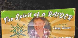 
			
				                                Casey Johnson’s banner at a candlelight vigil held last January. The banner reads, “The Spirit of a RAIDER Remains in Our HEARTS FOREVER.”
 
			
		