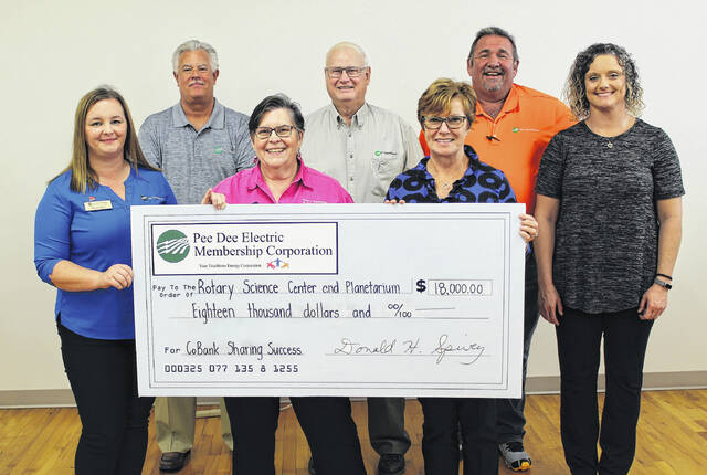 128894568_web1_Check
The Wadesboro Rotary Club Planetarium and Science Center will receive two checks totaling $18,000 - $9,000 from Pee Dee Electric and $9,000 from CoBank to update the technology in the hands-on science lab
Photo courtesy of Pee Dee Electric