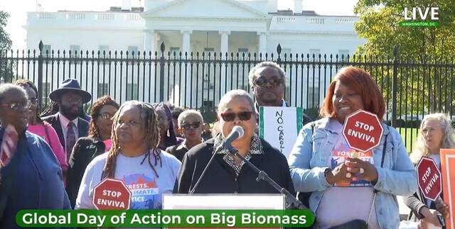 130092677_web1_Biomass
People are having to use asthma pumps to help with their breathing issues, said Debra David, which she believes is a disproportionate problem for those living near the Hamlet Enviva plant like herself. We should not have to have imitation breathing chemicals going inside our body than clean air. There should not be a substitute for us to breathe.
Screenshot from video posted by Dogwood Alliance