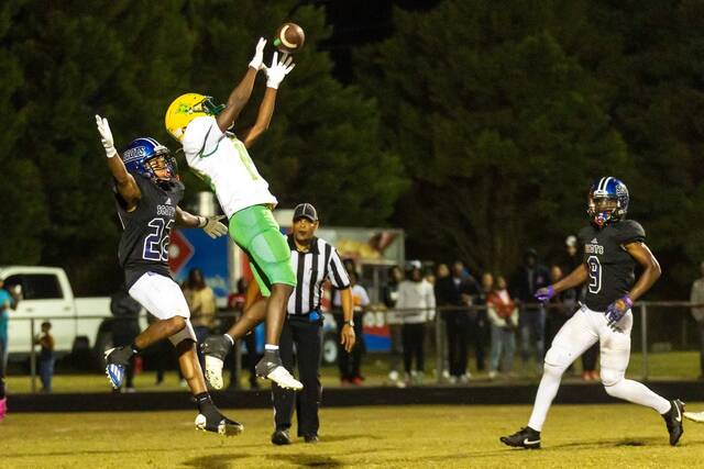130098976_web1_IMG_9874
Sophomore Jayden Hamilton reels in the go-ahead touchdown in the fourth quarter to give the Raiders a 35-28 lead they wouldnt relinquish.
Mark Bell | For the Daily Journal