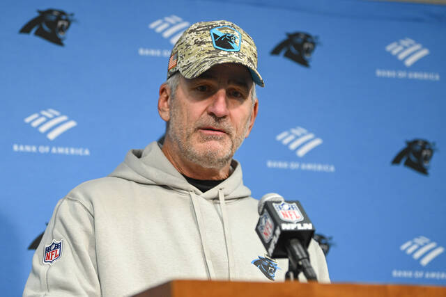 130174969_web1_130174969-1a2a7f73021b440fa1941560746a7f88
Carolina Panthers coach Frank Reich attends a news conference after an NFL football game against the Tennessee Titans, Sunday, Nov. 26, 2023, in Nashville, Tenn. The Carolina Panthers fired coach Frank Reich on Monday, Nov. 27, with the team off to an NFL-worst 1-10 record in his first year in charge.
AP file photo | John Amis