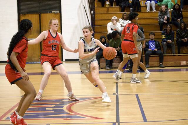130343827_web1_womensbball_rams
St. Andrews Hailey Crozier (with ball) drives in the paint during Wednesdays game against Bluefield on Harris Court in Laurinburg.
St. Andrews Athletics
