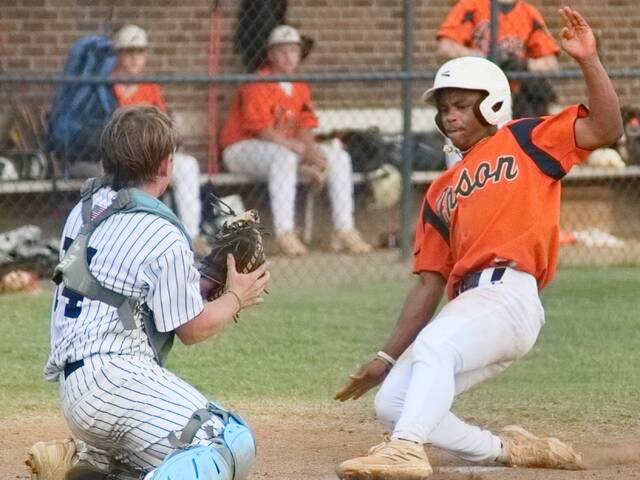 130714259_web1_IMG_9051
Hamlet Post 49 catcher Jacob Williams blocks the plate from incoming Wadesboro runner Isaiah Hatcher. Scan the QR code for Ha photo gallery from Mondays game and postgame interviews from both teams.
Post 49 pitcher Evan Hodges fires a strike against Wadesboro Monday.
Outfielder Landon Taylor drives in a pair of runs.
Wadesboro second baseman Isaiah Hatcher takes a cut while at the plate.