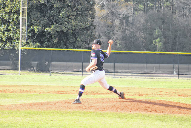 131373743_web1_IMG_4374
Tyler Barfield (12) throws a pitch during the Knights home victory over Bluefield on Saturday afternoon at Clark Field. Barfield pitched all nine innings and had eight strikeouts while allowing just five hits and two walks.
Andrew Smolar | The Laurinburg Exchange