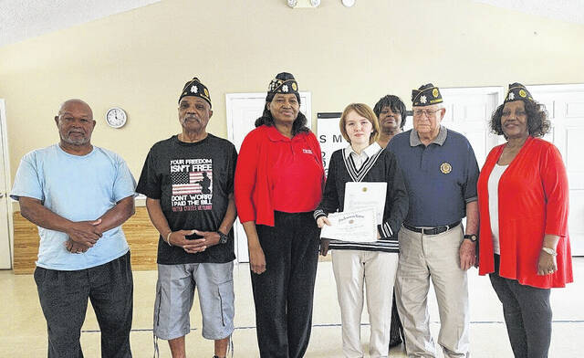 131476197_web1_thumbnail_imagejpeg_0-8-
Pictured from left to right, Post Finance Officer Jessie Goins, Post Adjutant/Sergeant-at-Arms Raymond Collins, Post Commander JoAnn Blyther, Oratorical Champion Emily Brannon, District 16 Oratorical Chair/Rockingham Post 147 Commander Carlton Hawkins, Post 73 Parliamentarian Maxine Mills, Rear, American Legion Auxiliary Member Hughlean Medlea.
Courtesy photos by JoAnn A. Blyther
